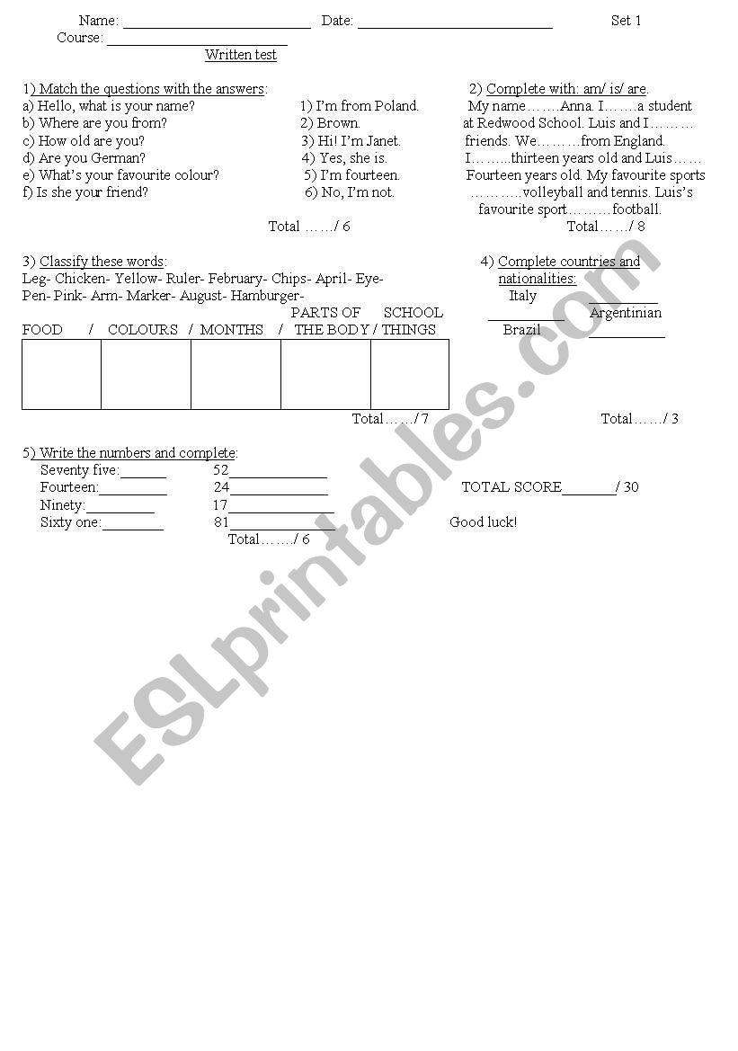 written test worksheet