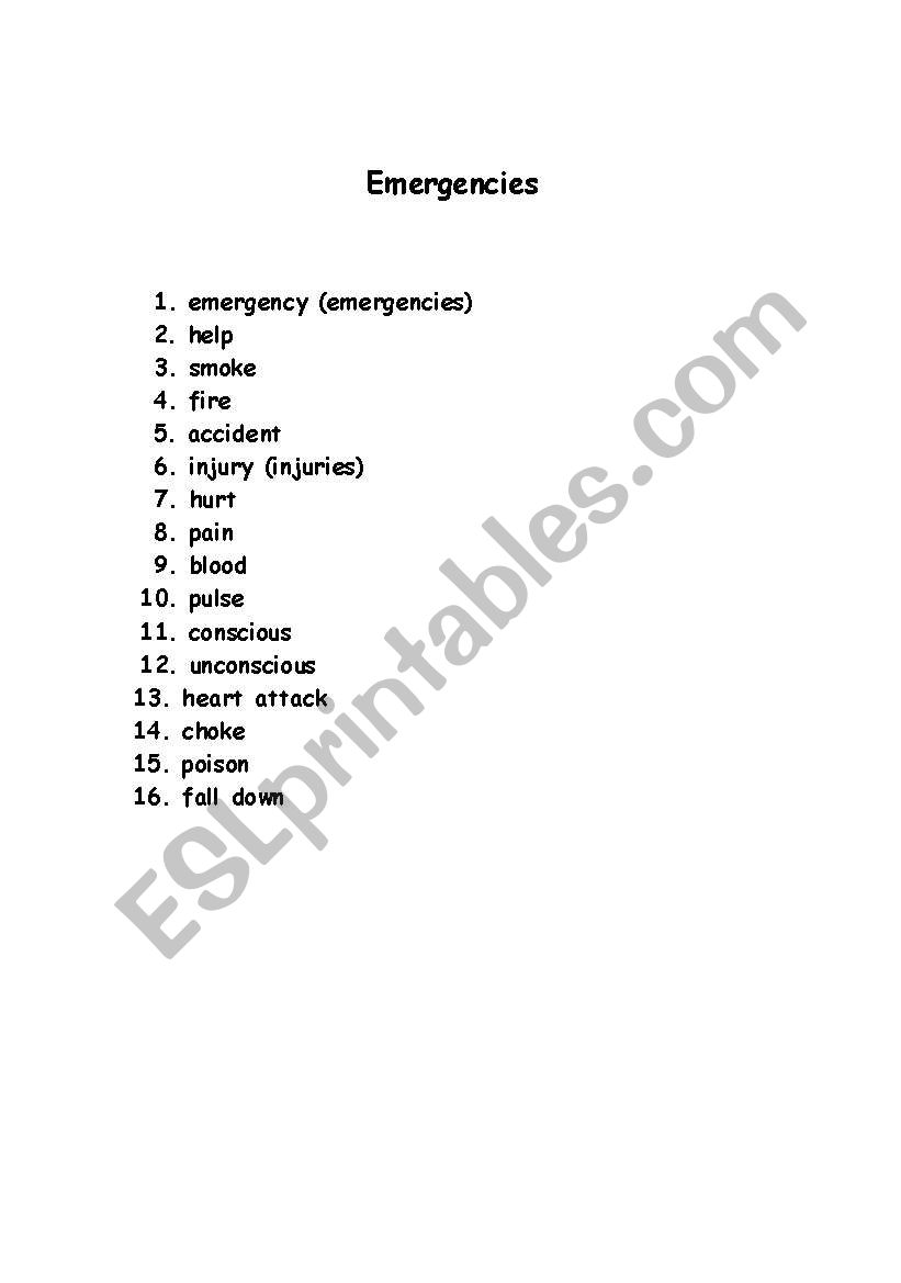 Emergencies Vocabulary worksheet