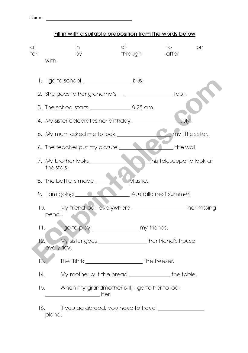 English worksheets: prepositions