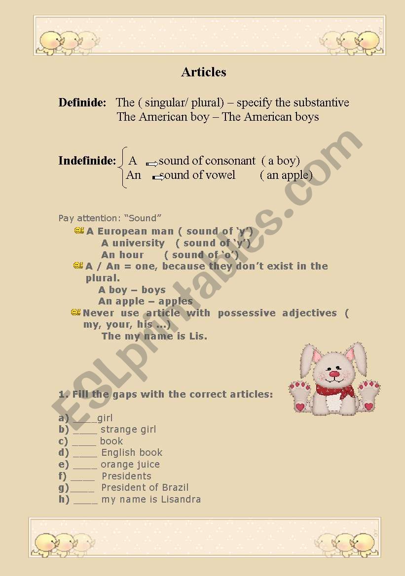 Articles worksheet