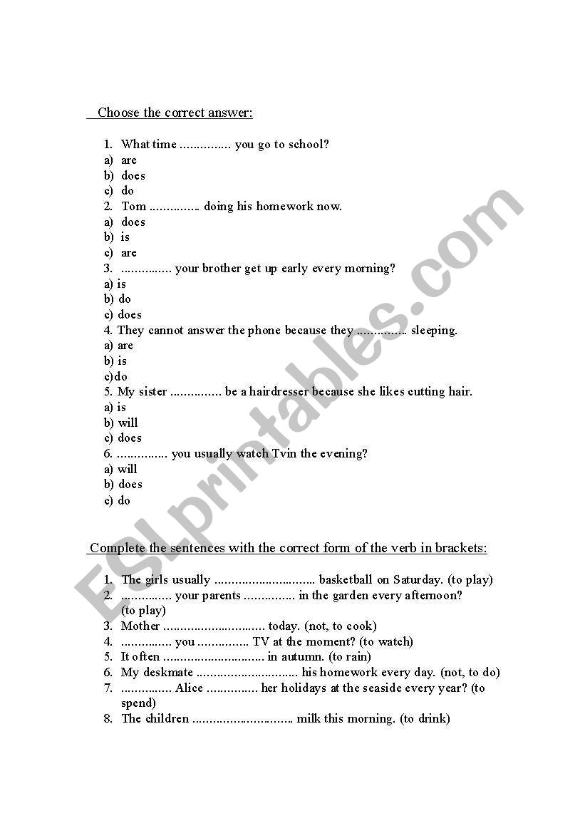 Exercises with present tenses worksheet