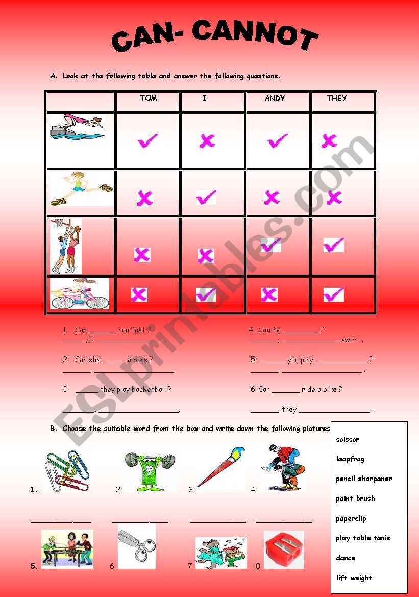 CAN-CANNOT worksheet to students with funny pictures