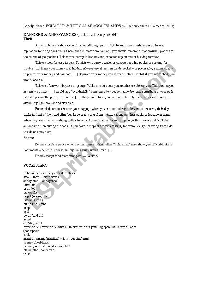 Travel Guide Ecuador worksheet