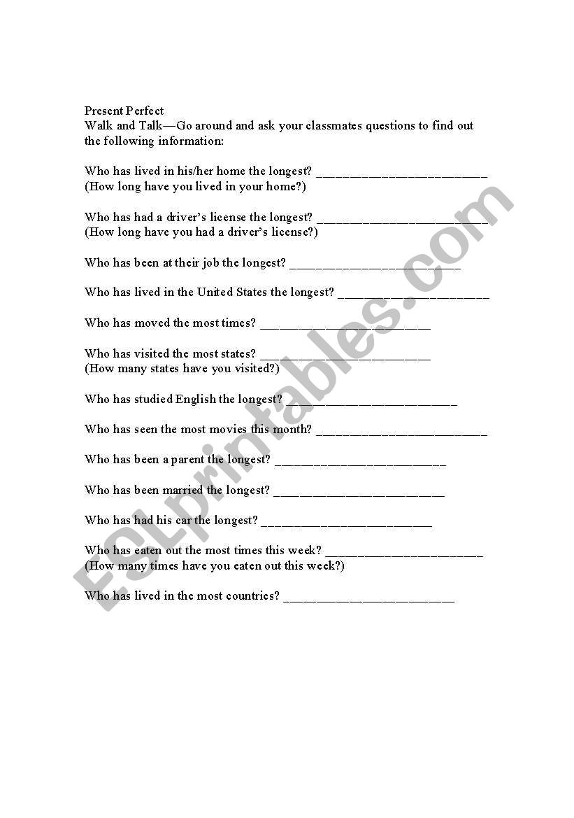 Present Perfect  Walk and Talk Survey--