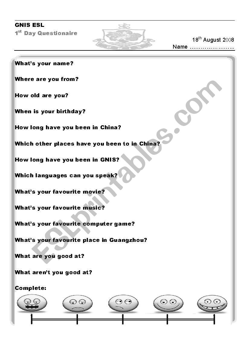 1st day questionairre worksheet