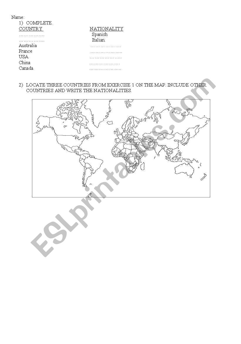 COUNTRIES AND NATIONALITIES worksheet