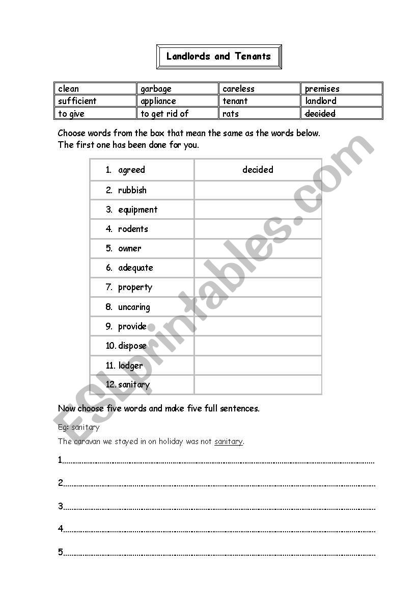 English worksheets: Landlord and tenant vocabulary