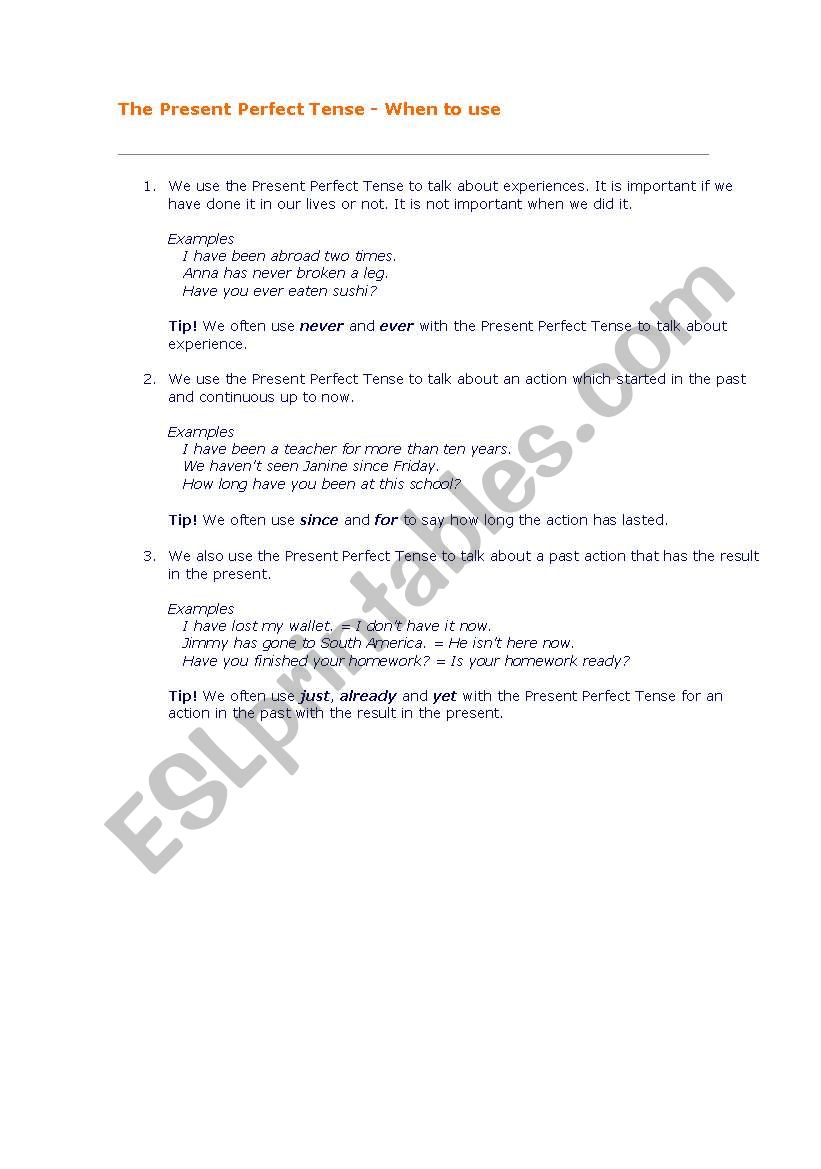 The presesent perfect tense worksheet