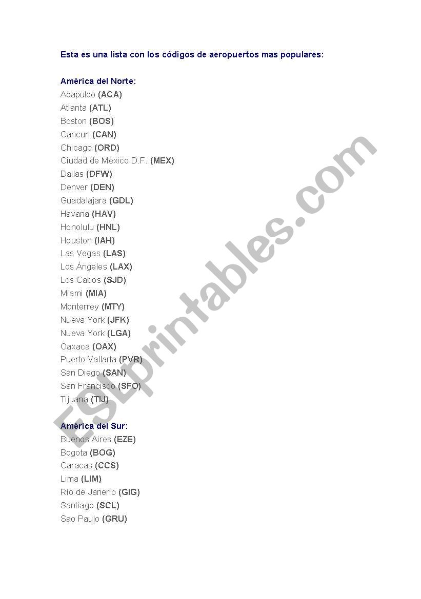 airport codes worksheet