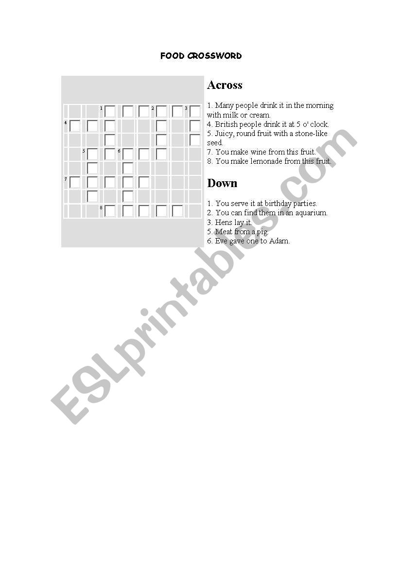 FOOD CROSSWORD worksheet