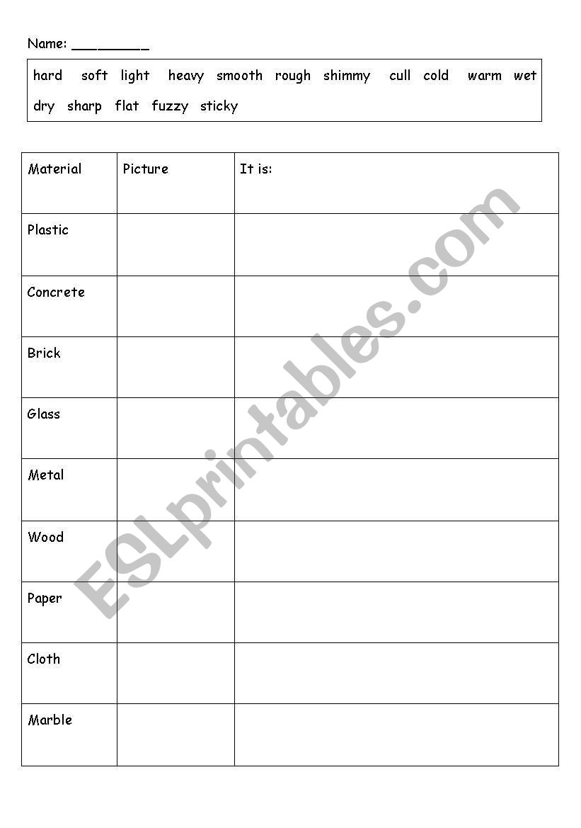 describing materials worksheet