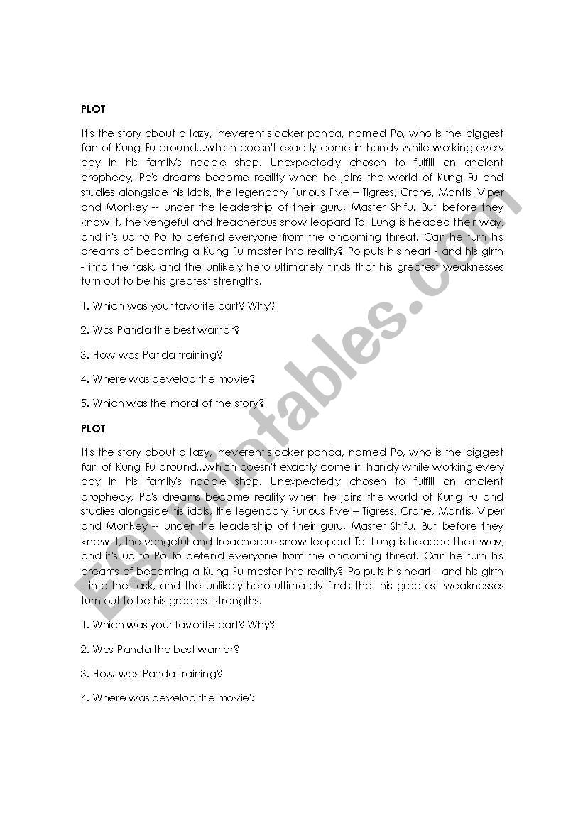 kUNFU PANDA QUESTIONARY worksheet