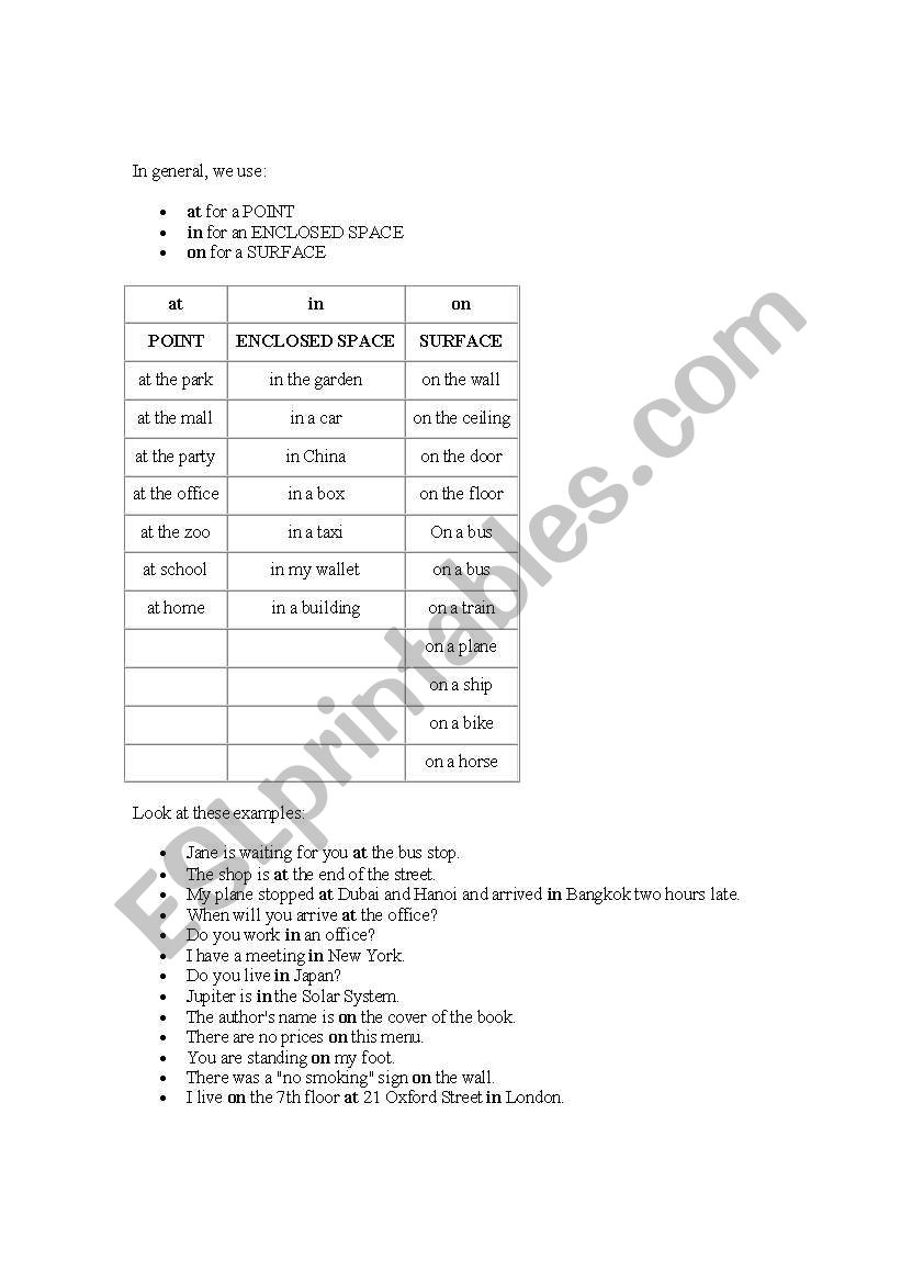 preposition(in, on, at) worksheet