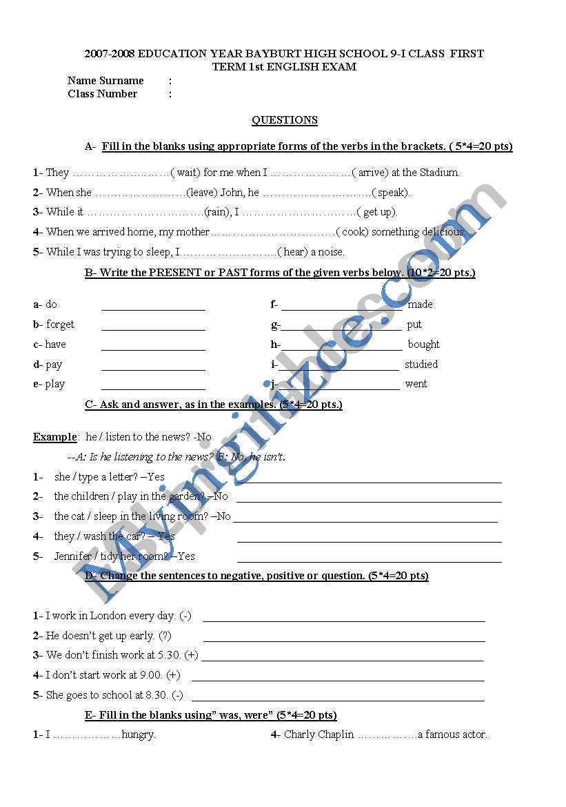 exam worksheet