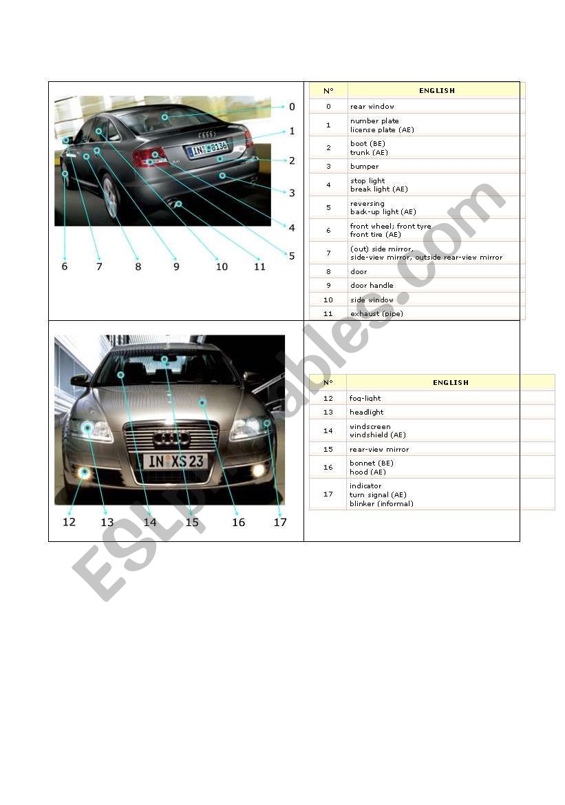 Cars worksheet