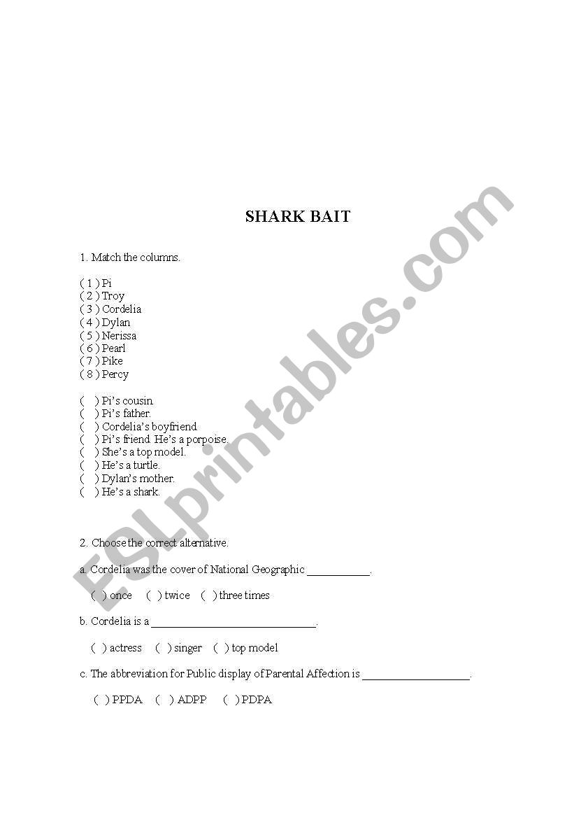 shark bait worksheet