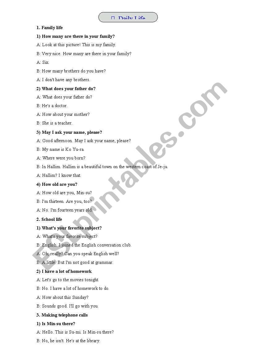 conversation of daily life worksheet