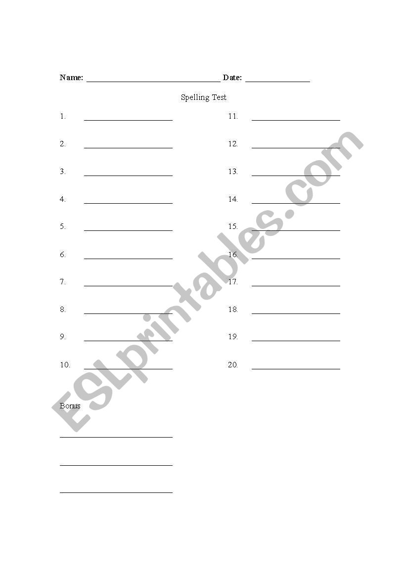 Spelling Test Form worksheet