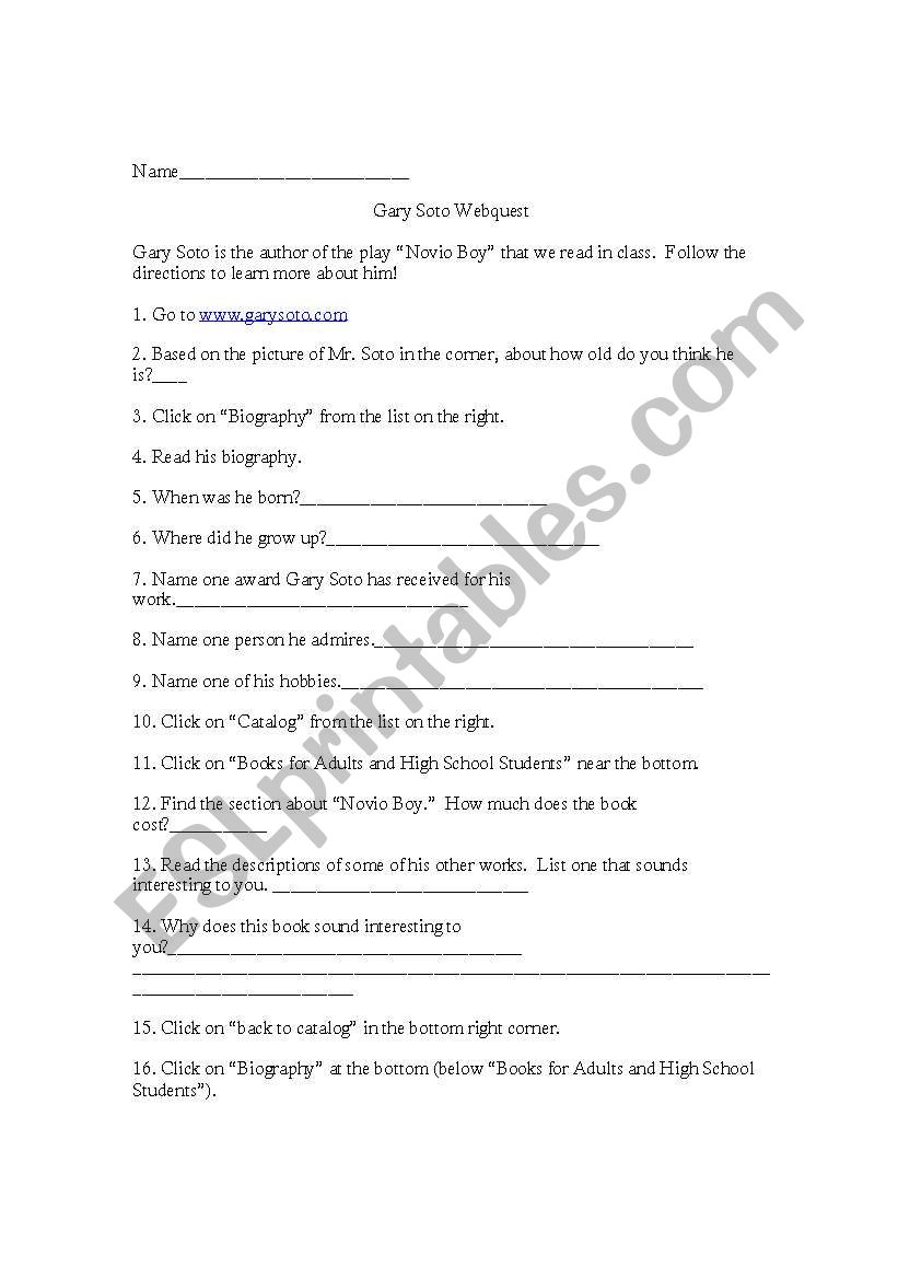 Gary Soto webquest worksheet