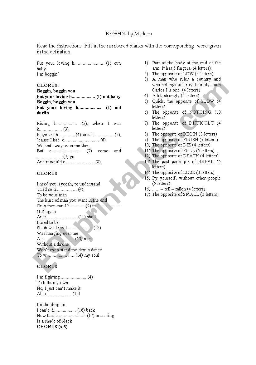 BEGGIN by Madcon worksheet