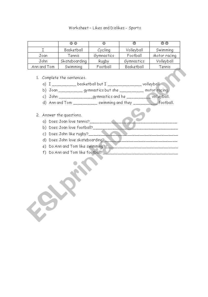 Likes and dislikes worksheet