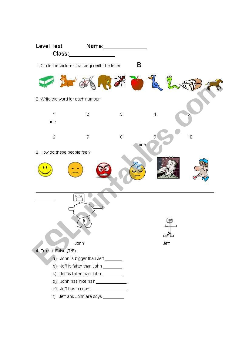 Easy Level Test worksheet