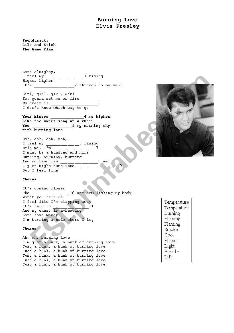 Elvis Presley Burning Love worksheet