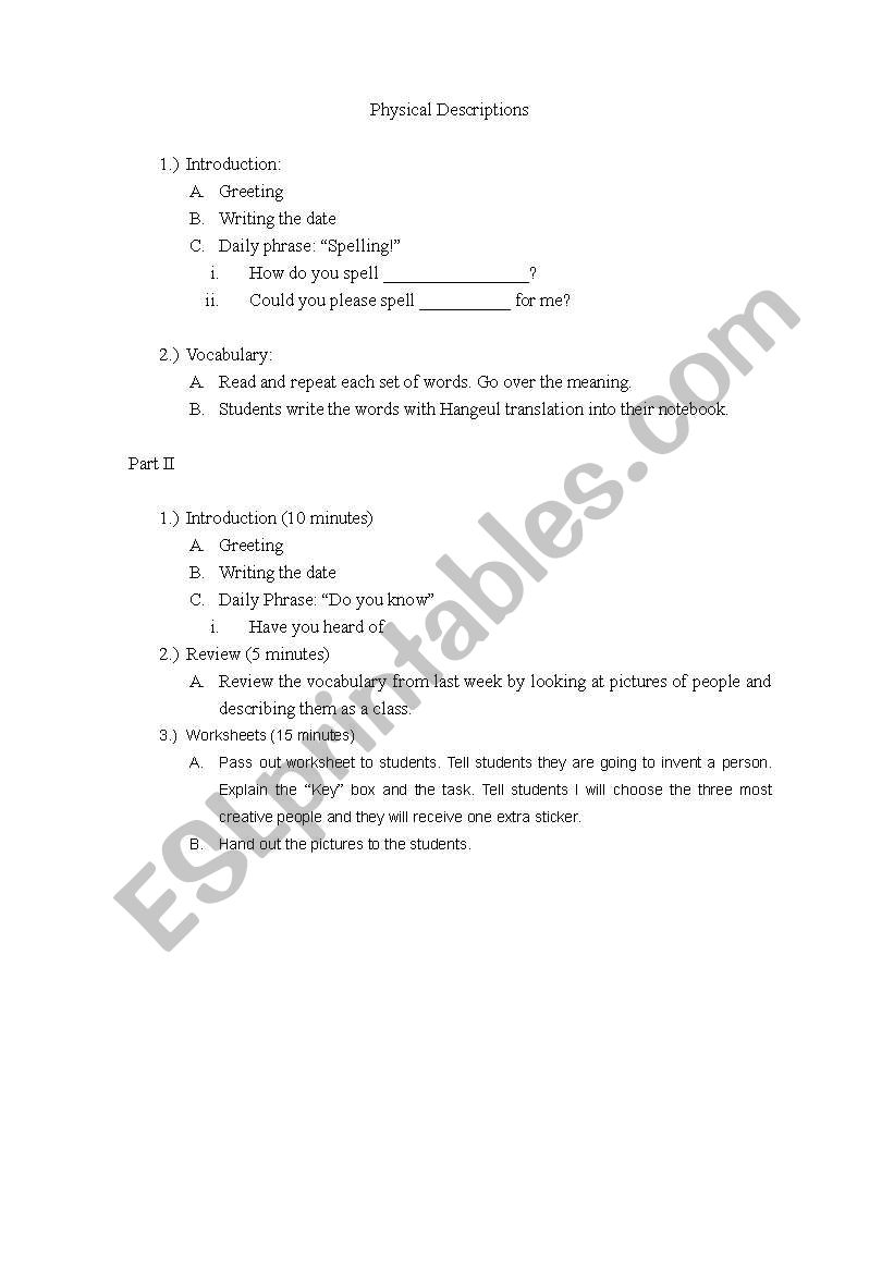 Physical Descriptions- Vocab sheet