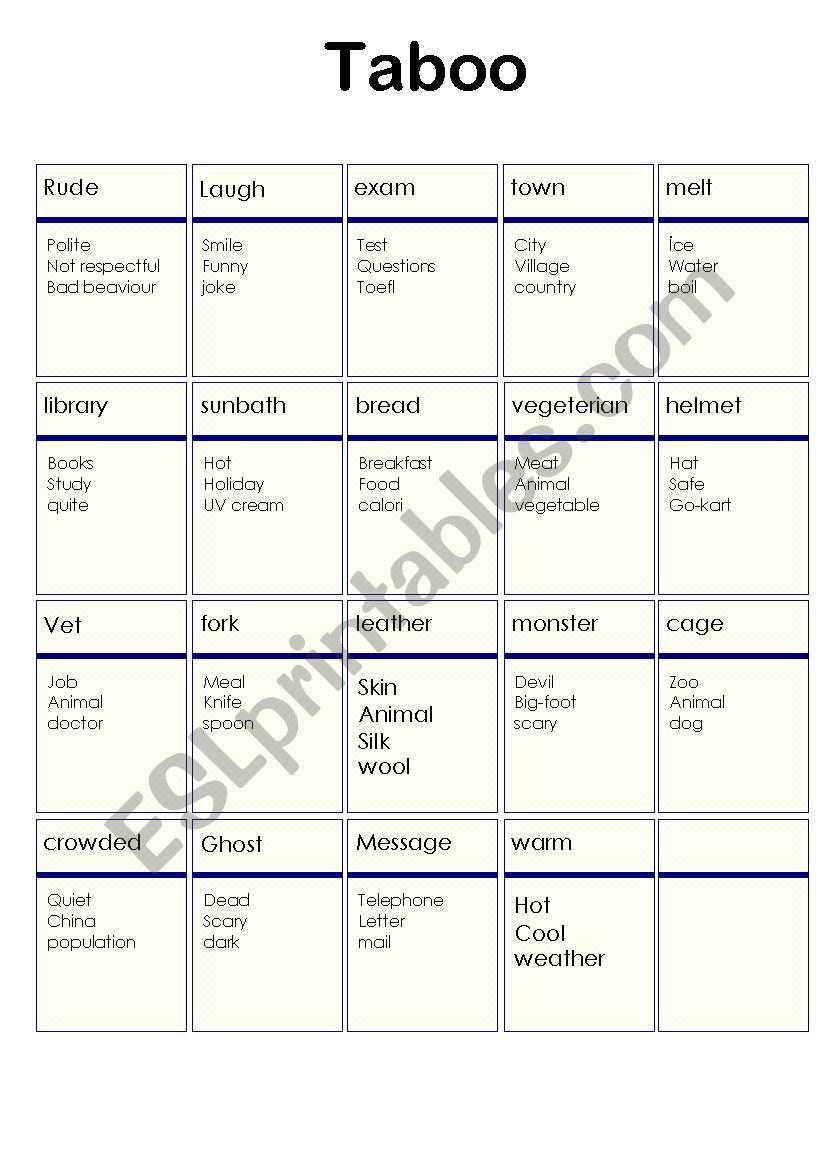 taboo worksheet