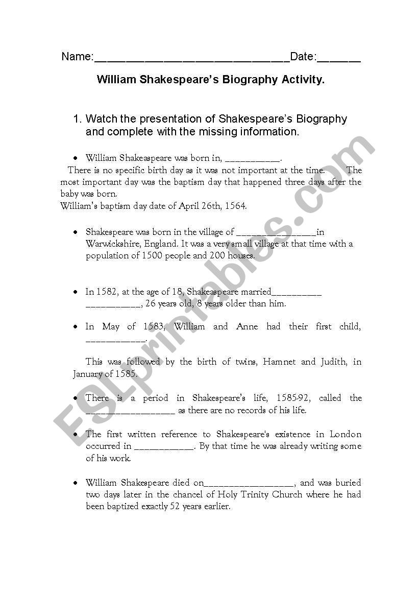 Biography activity to be used after de ppt presentation