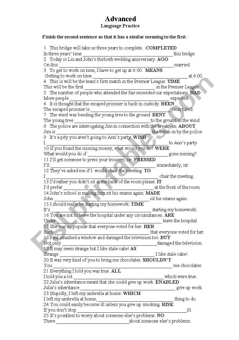 ADVANCED LANGUAGE PRACTICE worksheet