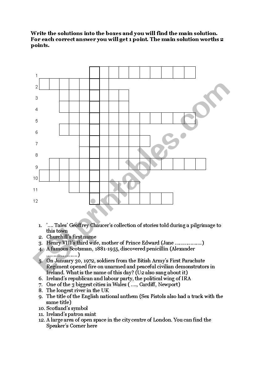 English worksheets: crossword / British history and culture
