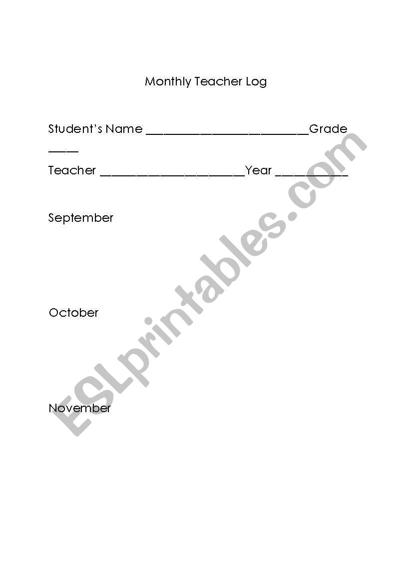 Mothly Teacher Log worksheet