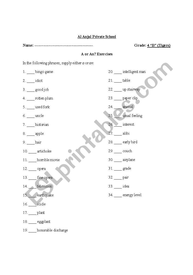 adectives (a or an) worksheet