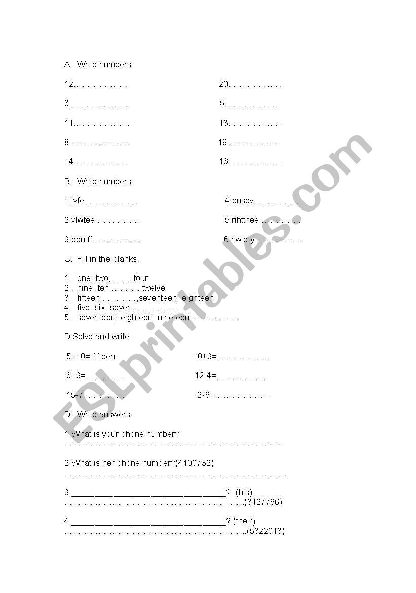 numbers worksheet