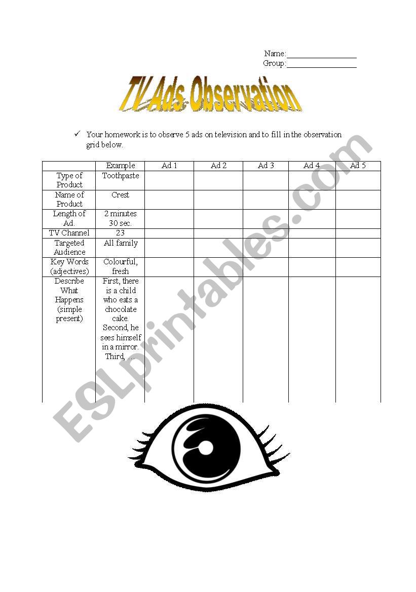 TV Ads Observation worksheet