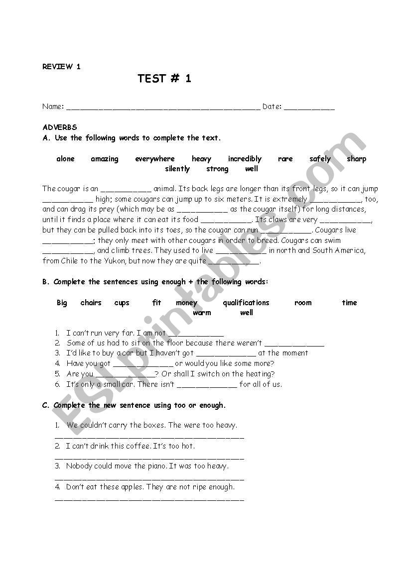 Quick review test worksheet