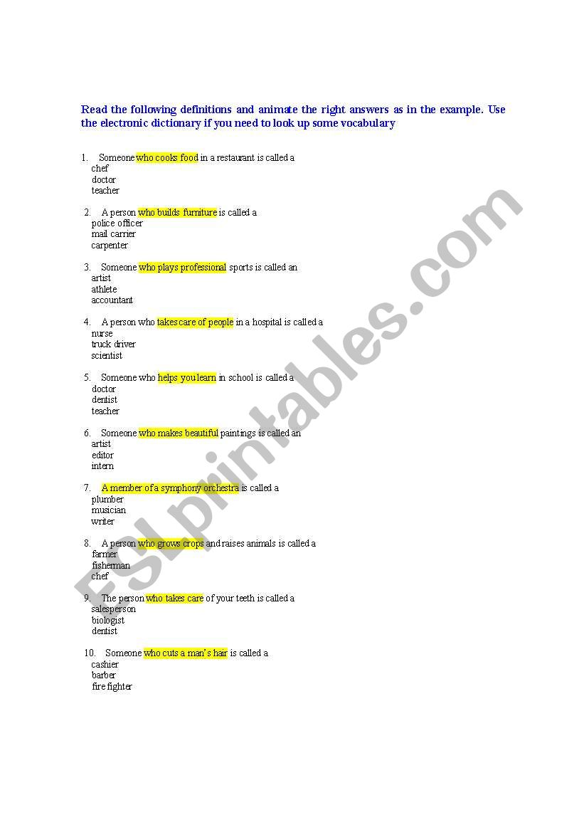 Professions worksheet