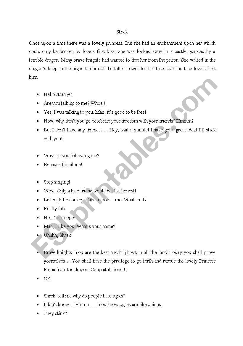 Shrek  roleplay worksheet