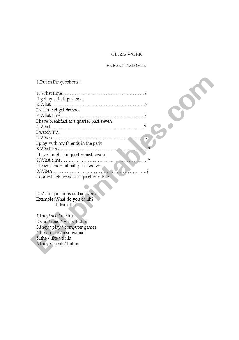 PRESENT SIMPLE WORKSHEET worksheet