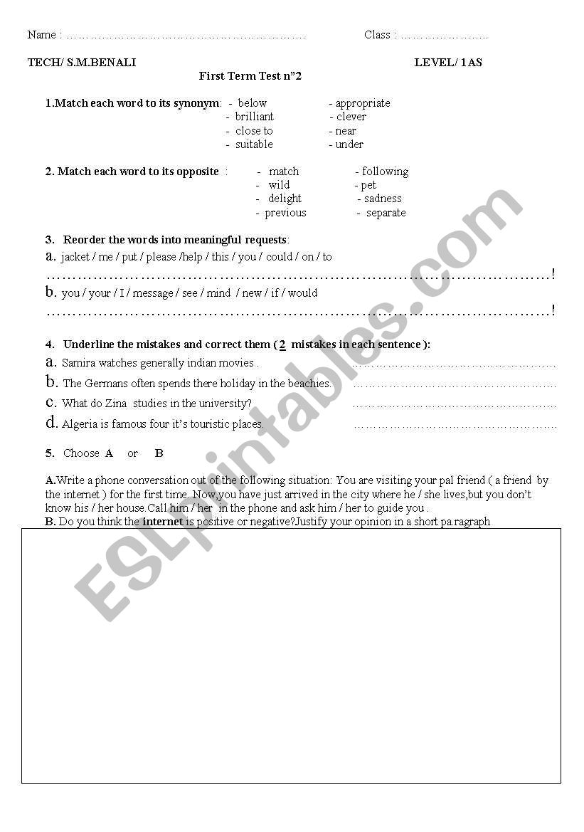 esl sef-test worksheet