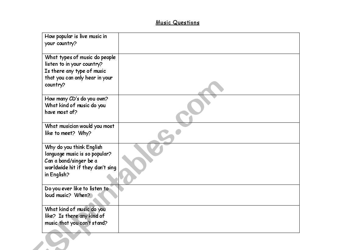 Music Questionaire worksheet