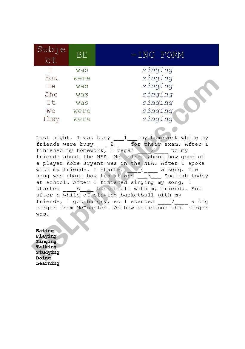 Past Continous Tense worksheet