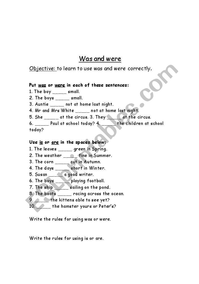 Was and were worksheet