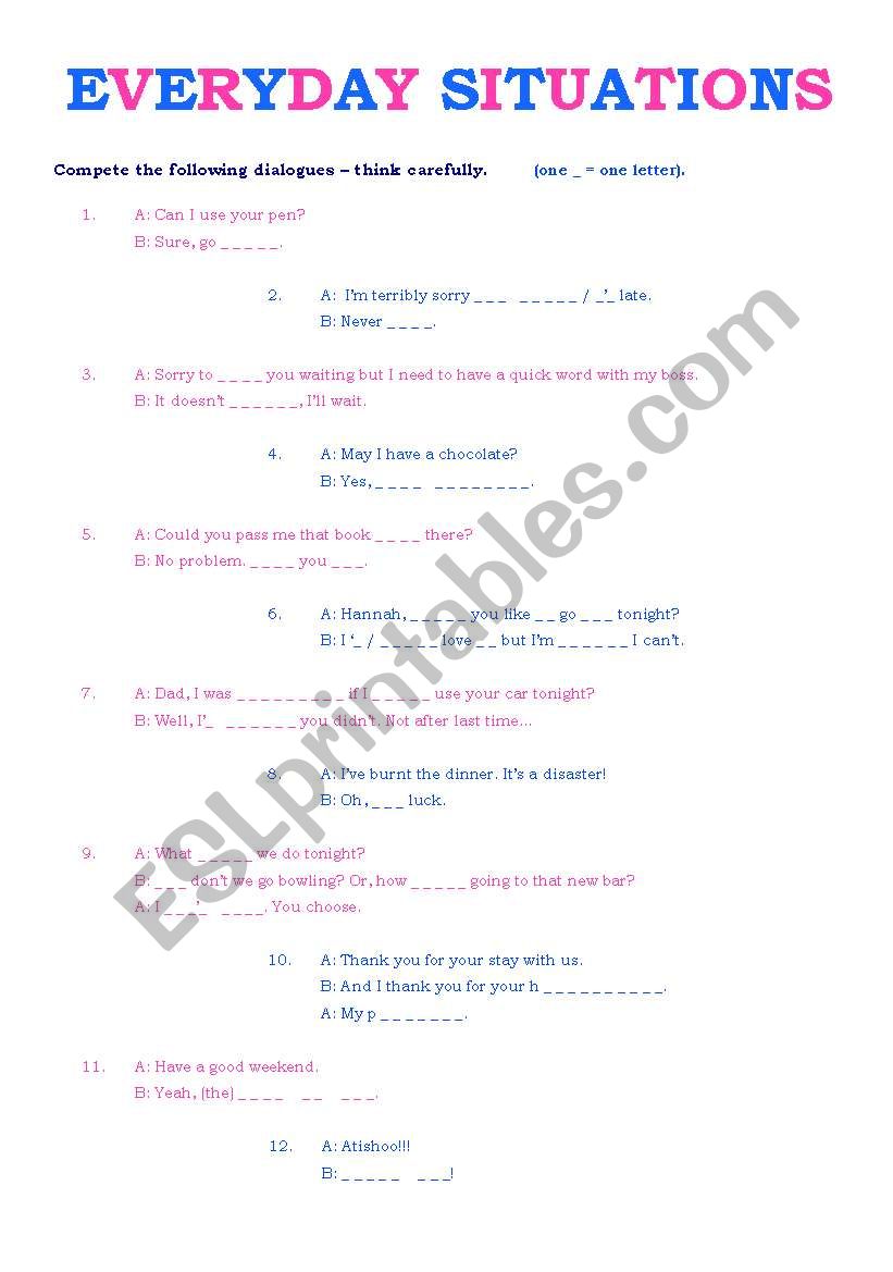 Everyday situations worksheet