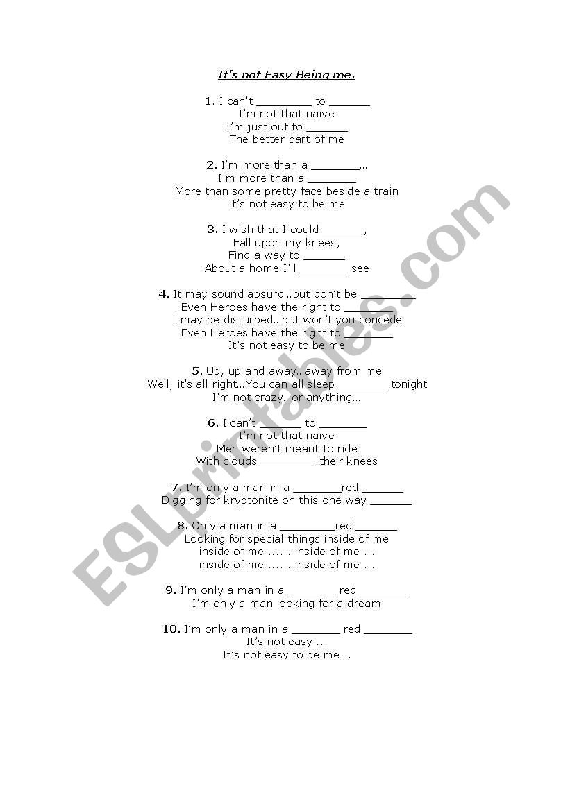 English worksheets It´s not easy being me David Gray