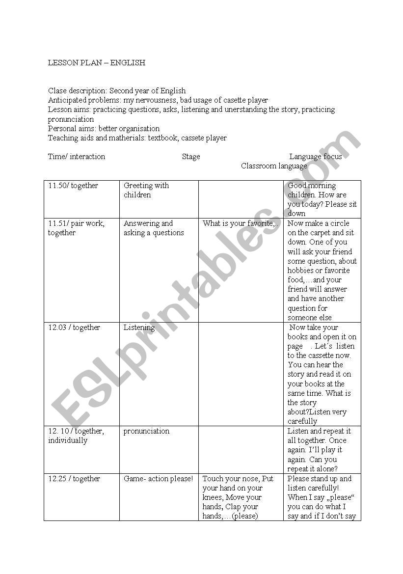 Lesson plan -listening worksheet