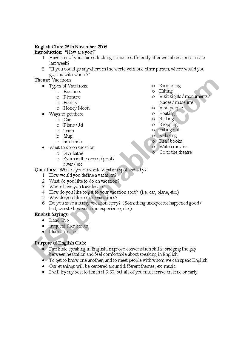 vacations worksheet