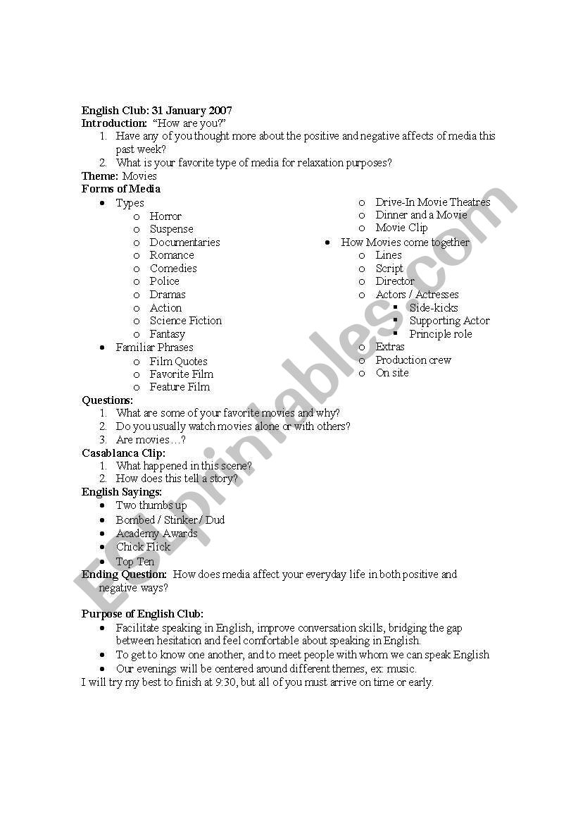 Media Converation Topic worksheet