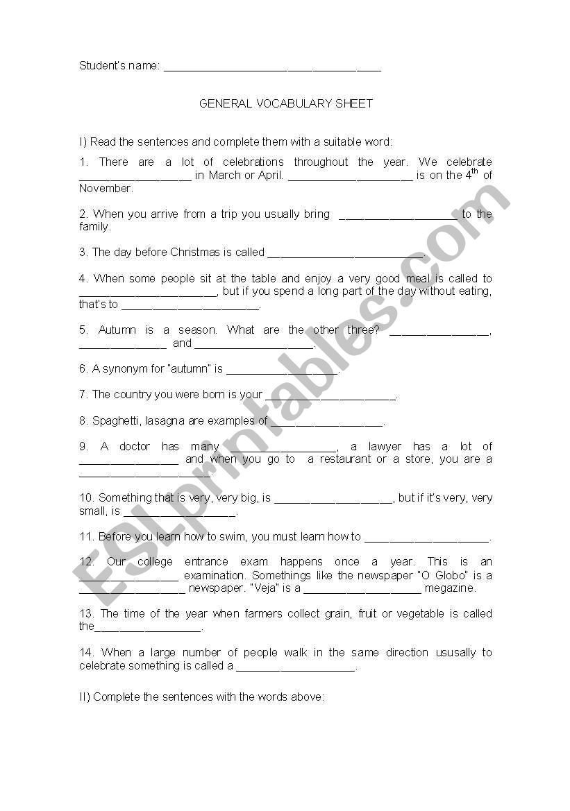 General vocabulary worksheet